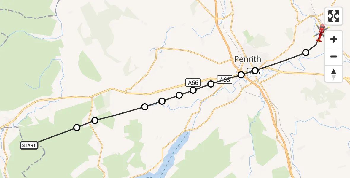 Flight path map showing Air Ambulance Helicopter route from Threlkeld to Langwathby