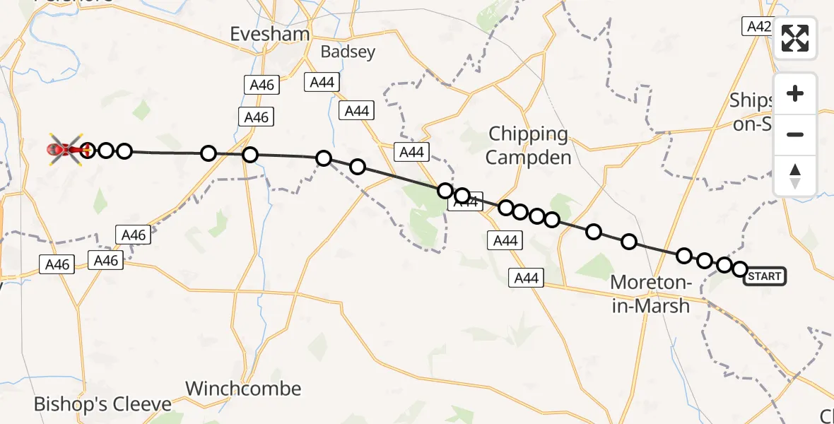 Routekaart van de vlucht: Air Ambulance Helicopter to Kemerton, Bayliss Road