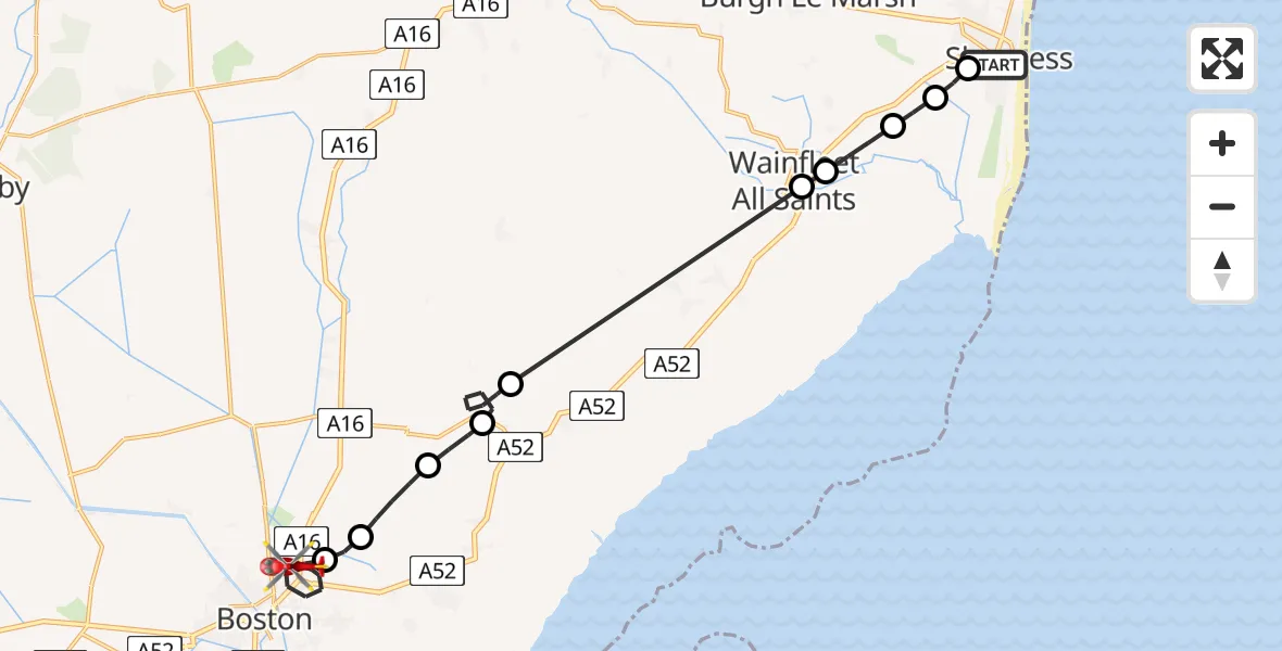 Flight path map showing Air Ambulance Helicopter route from Skegness to Boston