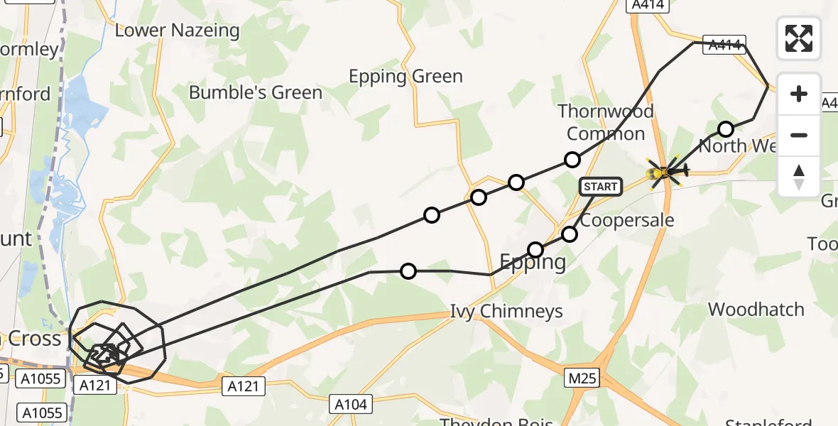 Flight path map showing Police Helicopter route from North Weald Bassett to North Weald Bassett