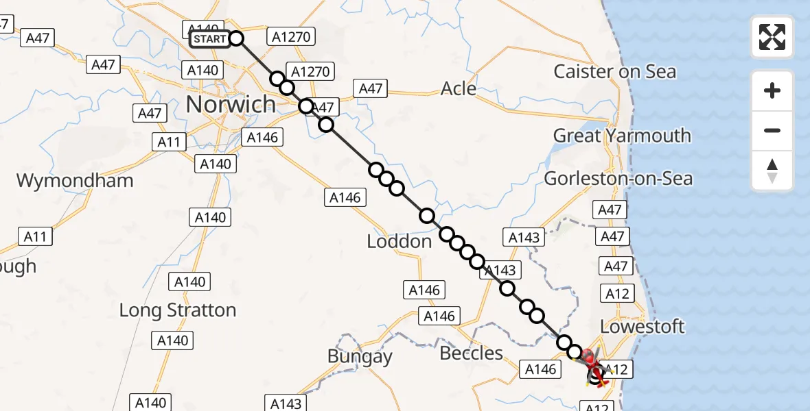Flight path map showing Air Ambulance Helicopter route from Norwich Airport to Carlton Colville