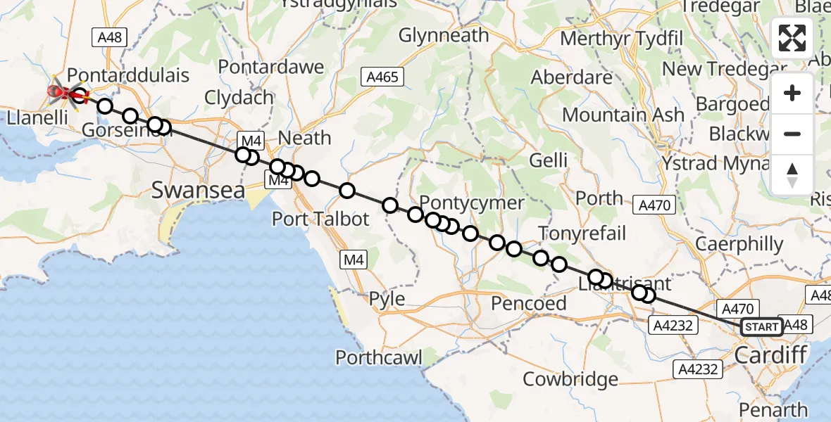 Flight path map showing Air Ambulance Helicopter route from Cardiff to Dafen