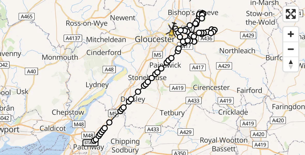 Flight path map showing Police Helicopter route from Almondsbury Helicopter Base to Gloucestershire Airport