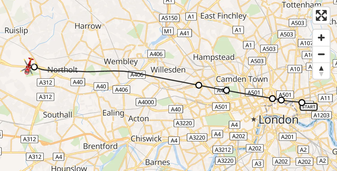Flight path map showing Air Ambulance Helicopter route from Royal London Hospital to RAF Northolt
