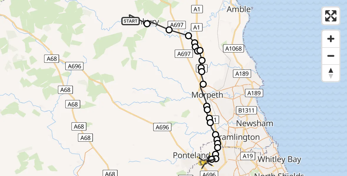 Flight path map showing Police Helicopter route from Thropton to Newcastle International Airport