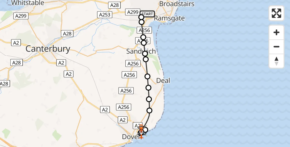 Flight path map showing Coastguard Helicopter route from Manston Airport to Langdon Battery Heliport