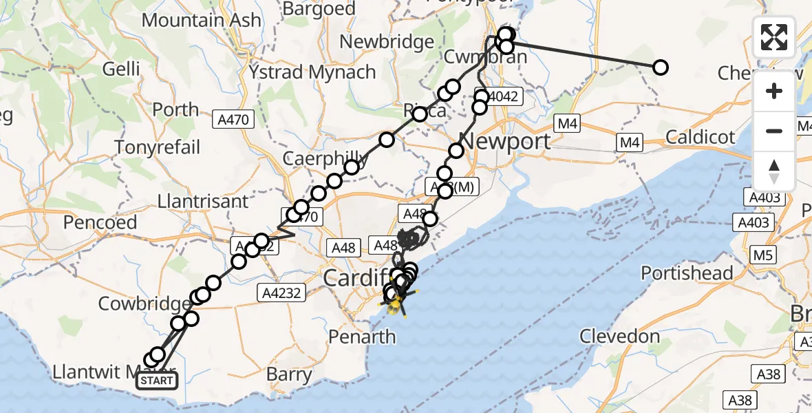 Flight path map showing Police Helicopter route from MOD St Athan to Cardiff