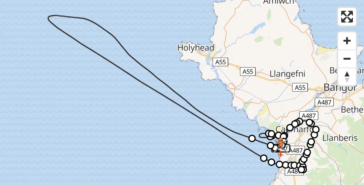 Flight path map showing Coastguard Helicopter route from Caernarfon Airport to Caernarfon Airport