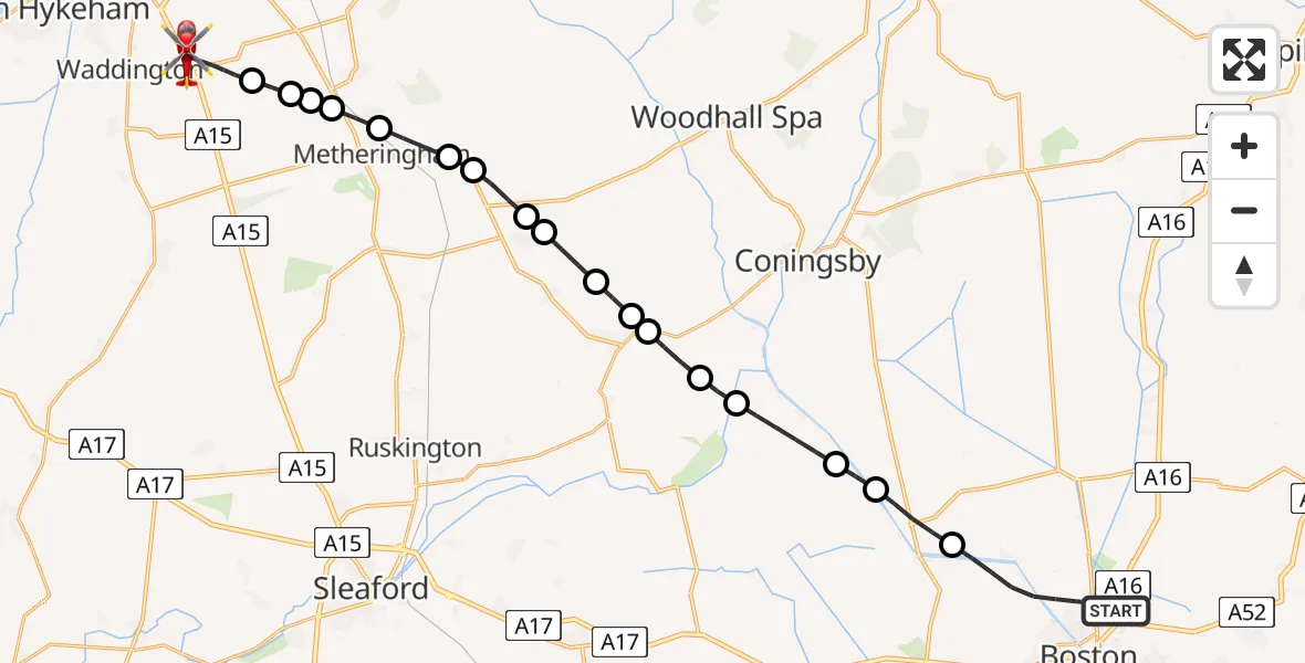 Flight path map showing Air Ambulance Helicopter route from Boston to North Kesteven