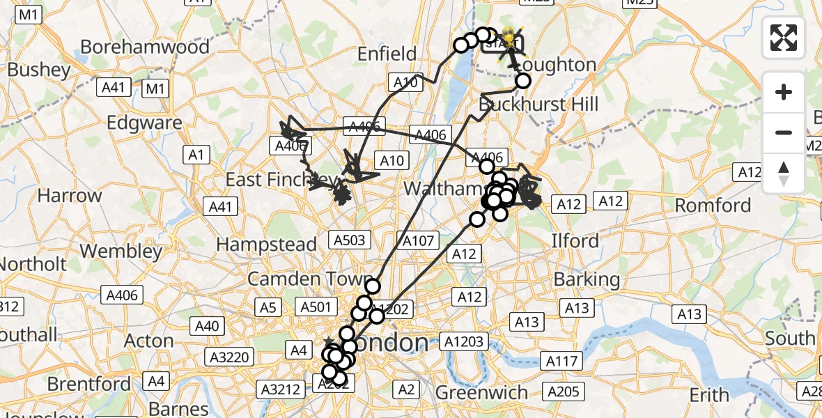 Flight path map showing Police Helicopter route from Metropolitan Police Air Support Unit Lippitts Hill to Sewardstonebury