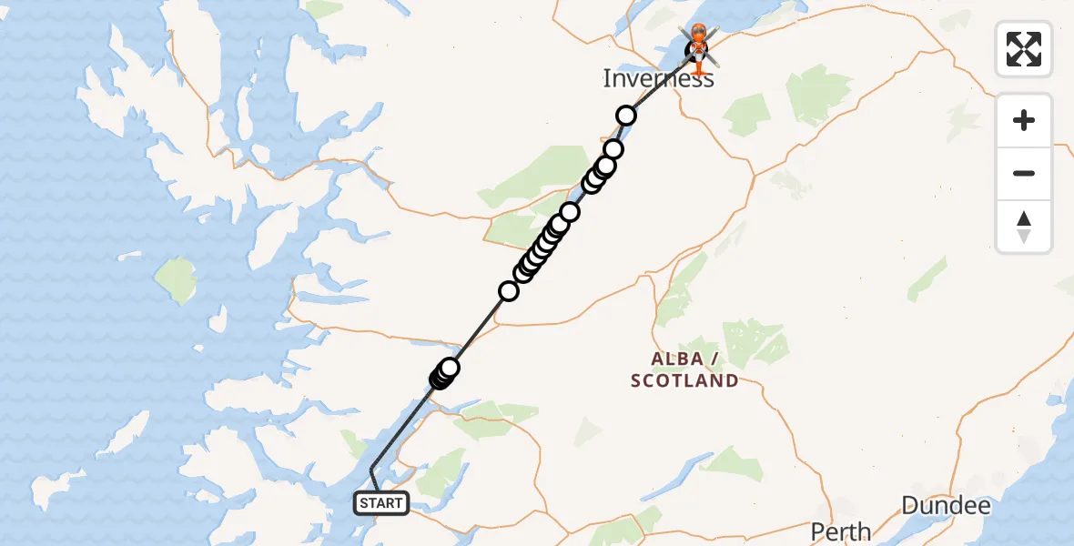Flight path map showing Coastguard Helicopter route from Inner Seas to Inverness Airport