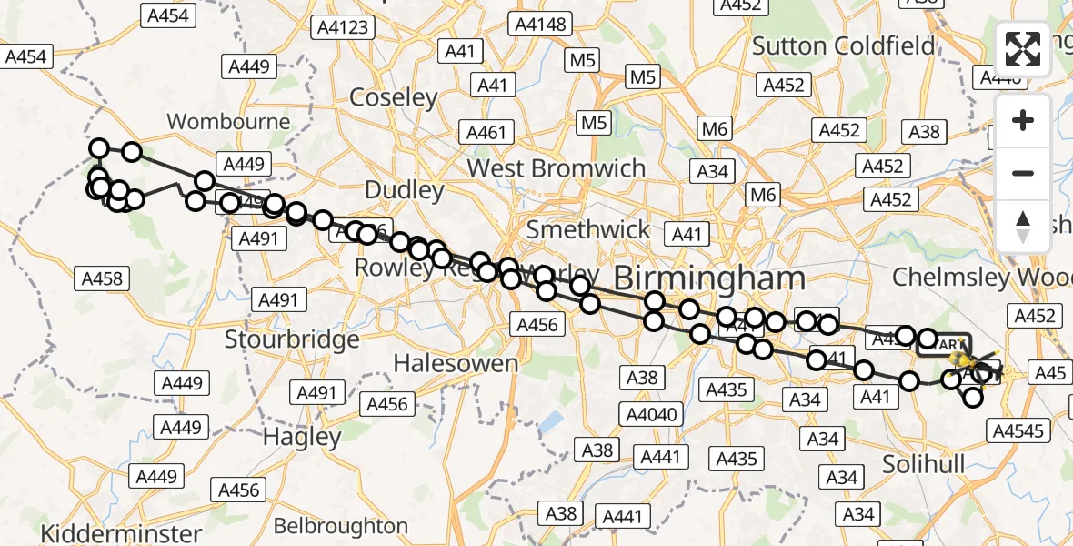Flight path map showing Police Helicopter route from Birmingham to Birmingham Airport