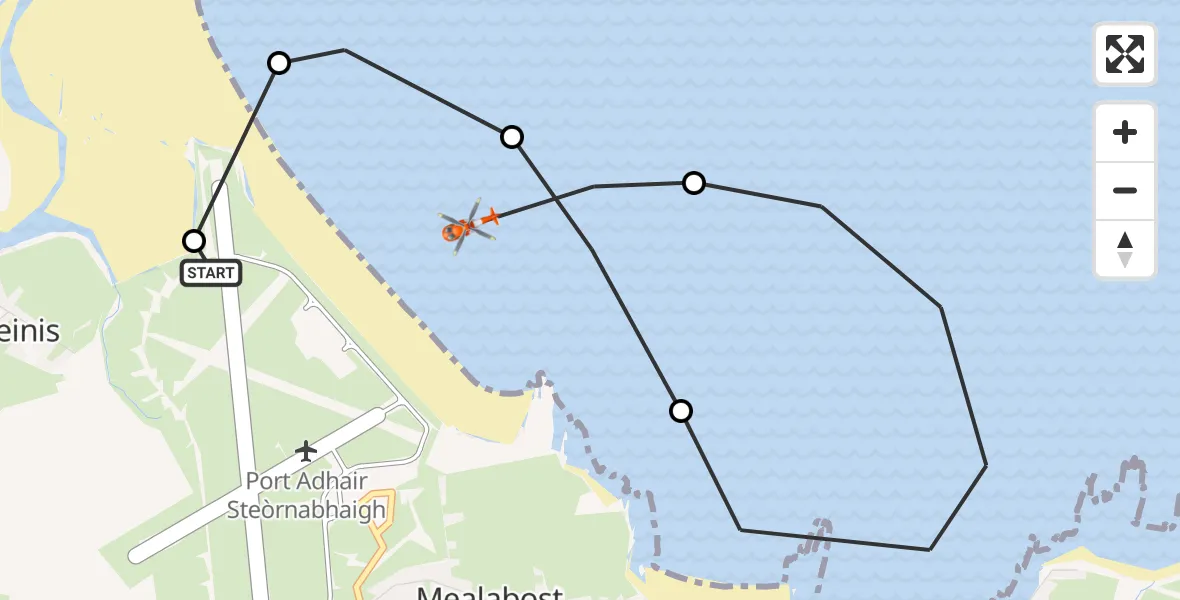 Flight path map showing Coastguard Helicopter route from Stornoway Airport to Mealabost