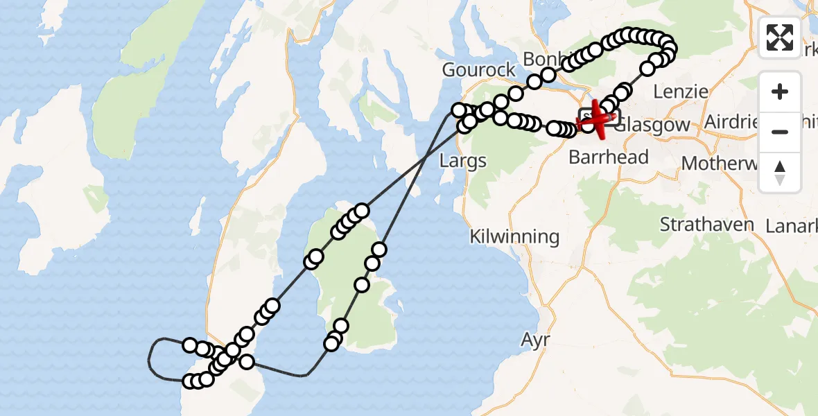 Flight path map showing Air Ambulance Aircraft route from Glasgow Airport to Glasgow Airport