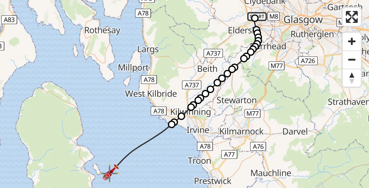 Flight path map showing Air Ambulance Helicopter route from Glasgow Airport to Inner Seas