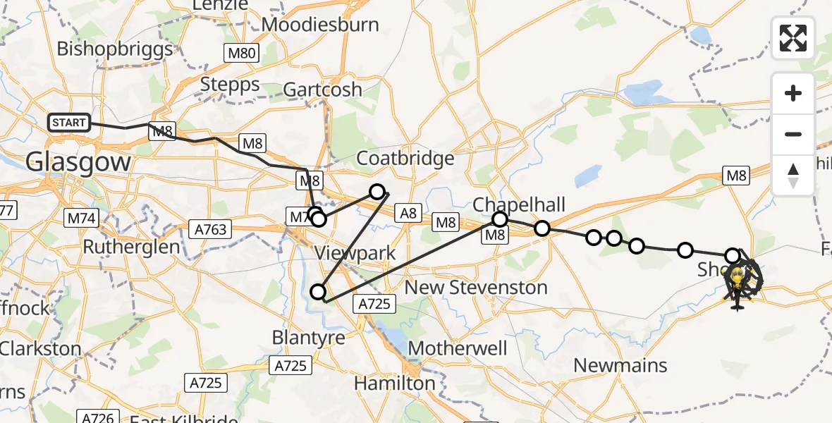 Flight path map showing Police Helicopter route from Glasgow to Shotts