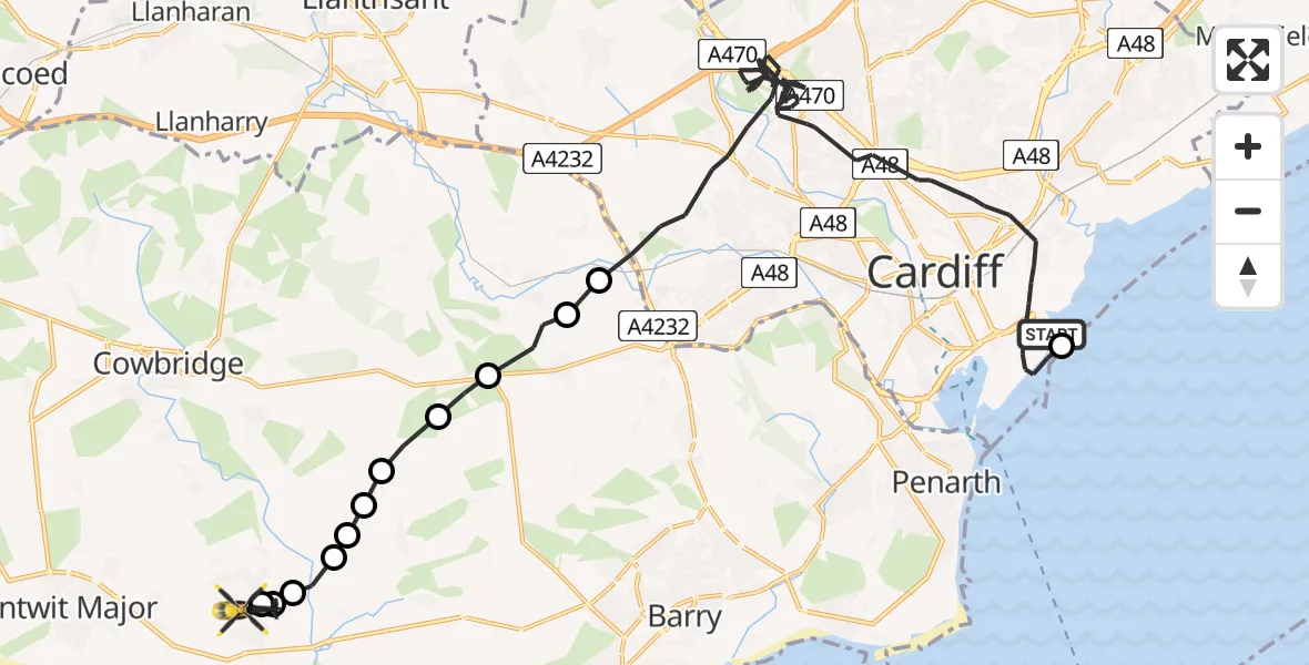 Flight path map showing Police Helicopter route from Cardiff Heliport to MOD St Athan
