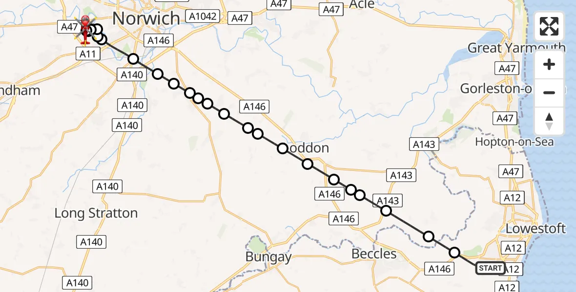 Routekaart van de vlucht: Air Ambulance Helicopter to Norfolk & Norwich Hospital