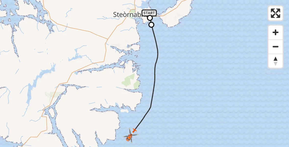Flight path map showing Coastguard Helicopter route from Stornoway Airport to Inner Seas