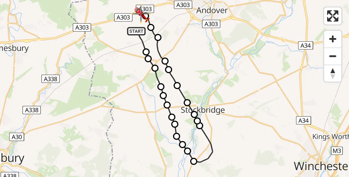 Flight path map showing Air Ambulance Helicopter route from Grateley to Thruxton