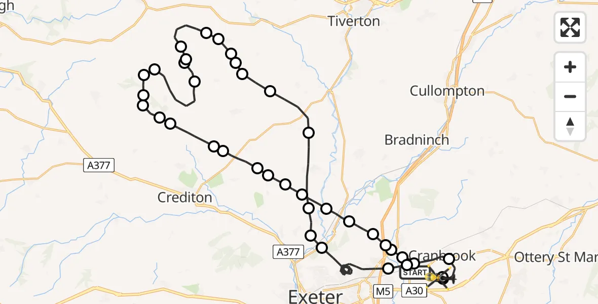 Flight path map showing Police Helicopter route from East Devon to Exeter International Airport