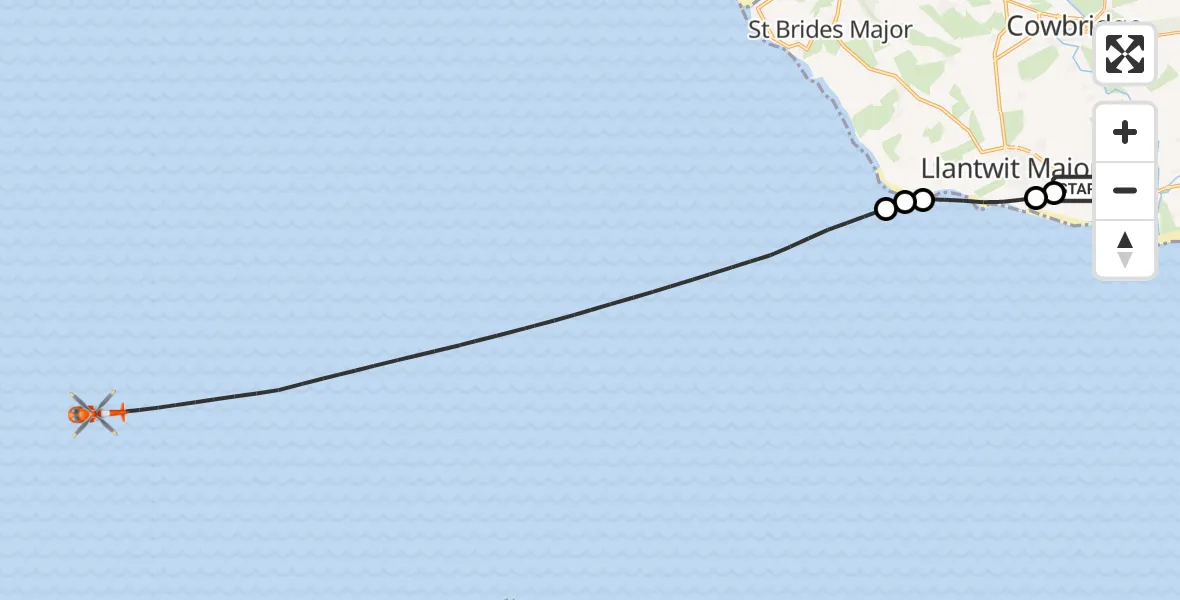 Flight path map showing Coastguard Helicopter route from MOD St Athan to Bristol Channel