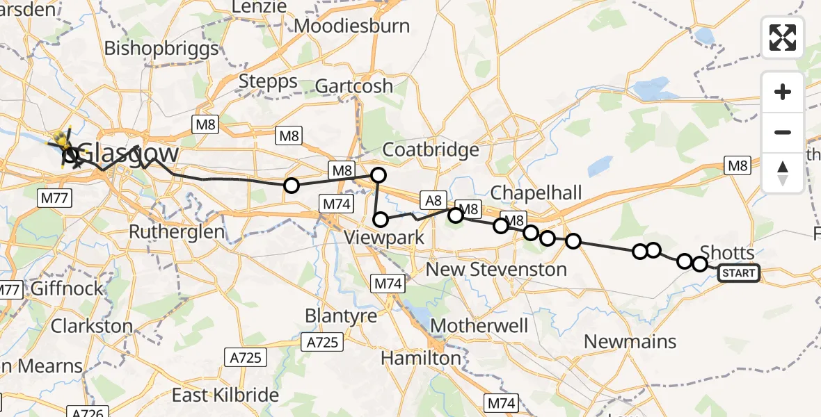 Flight path map showing Police Helicopter route from Shotts to Glasgow City Heliport