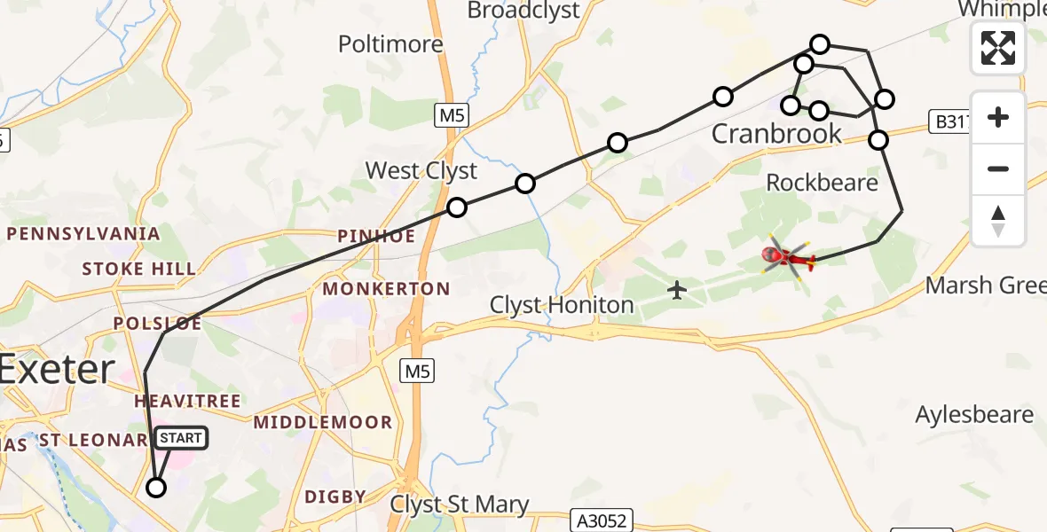 Flight path map showing Air Ambulance Helicopter route from Royal Devon & Exeter Hospital to Rockbeare