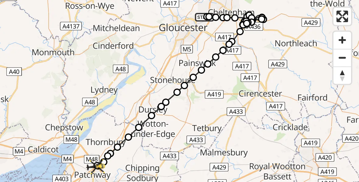 Flight path map showing Police Helicopter route from Gloucestershire Airport to Almondsbury Helicopter Base
