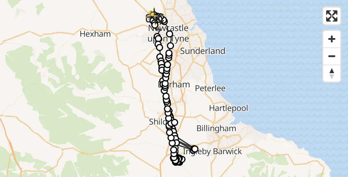 Flight path map showing Police Helicopter route from Newcastle International Airport to Newcastle International Airport