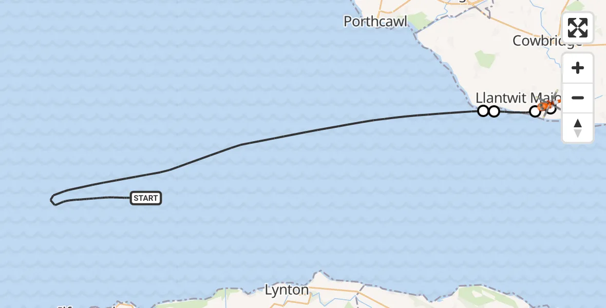 Flight path map showing Coastguard Helicopter route from Bristol Channel to MOD St Athan