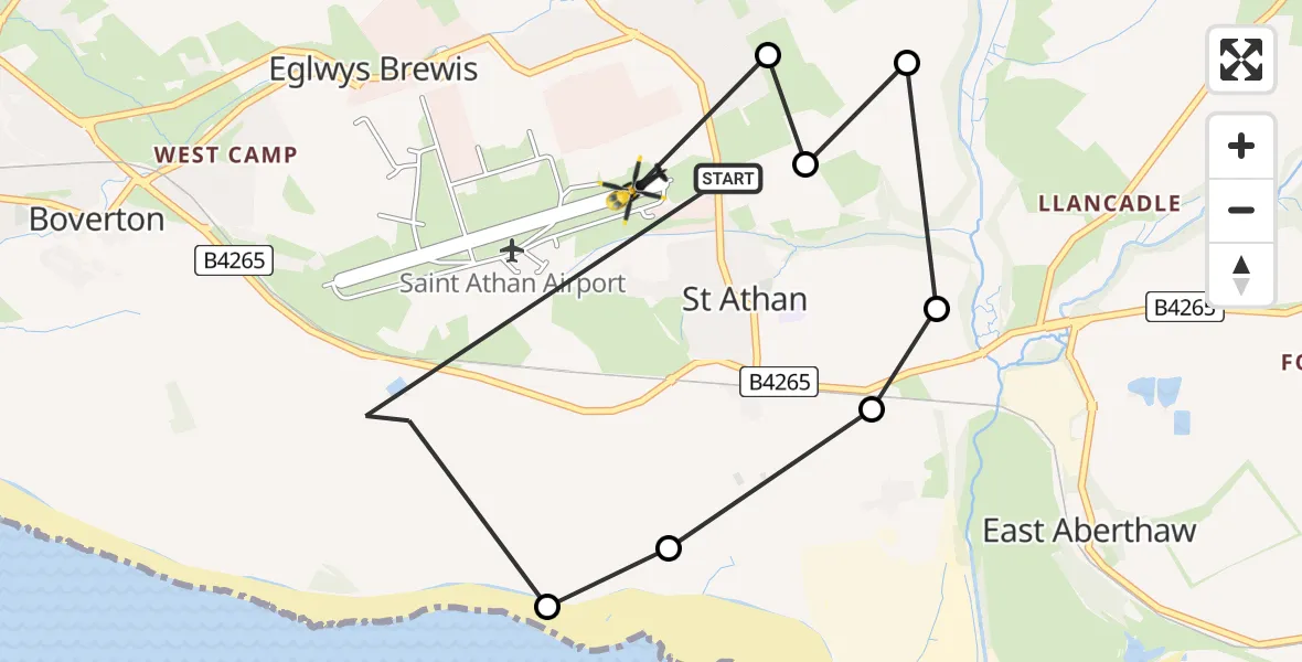 Flight path map showing Police Helicopter route from MOD St Athan to MOD St Athan