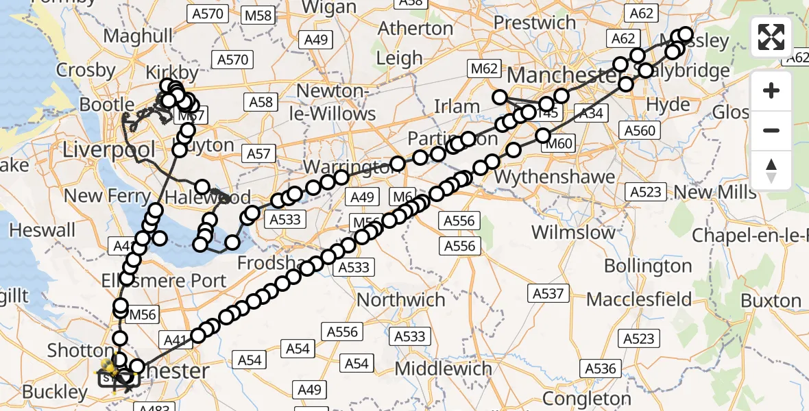 Flight path map showing Police Helicopter route from Hawarden Airport to Hawarden Airport