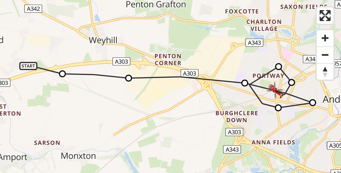 Flight path map showing Air Ambulance Helicopter route from Fyfield to Anna Valley