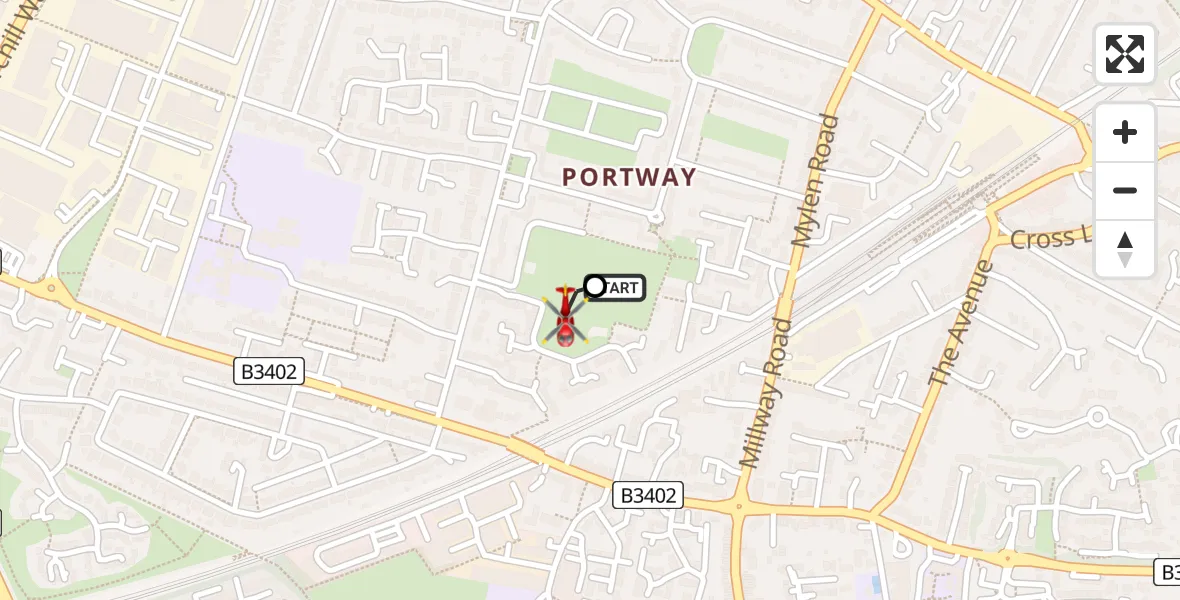 Flight path map showing Air Ambulance Helicopter route from Andover to Anna Valley
