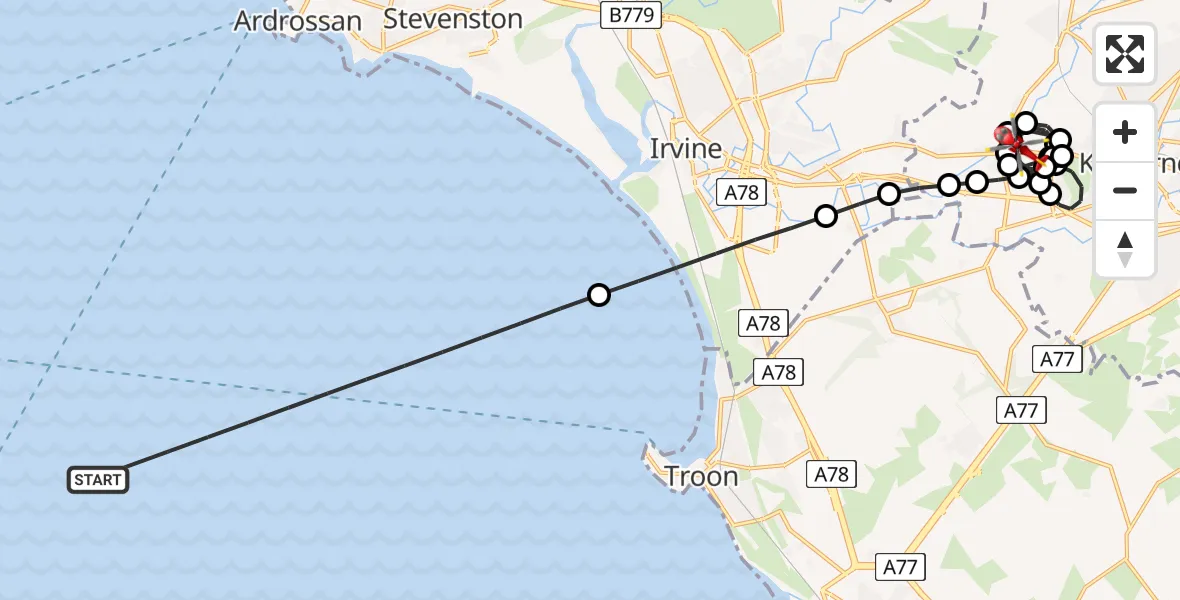 Flight path map showing Air Ambulance Helicopter route from Inner Seas to Knockentiber