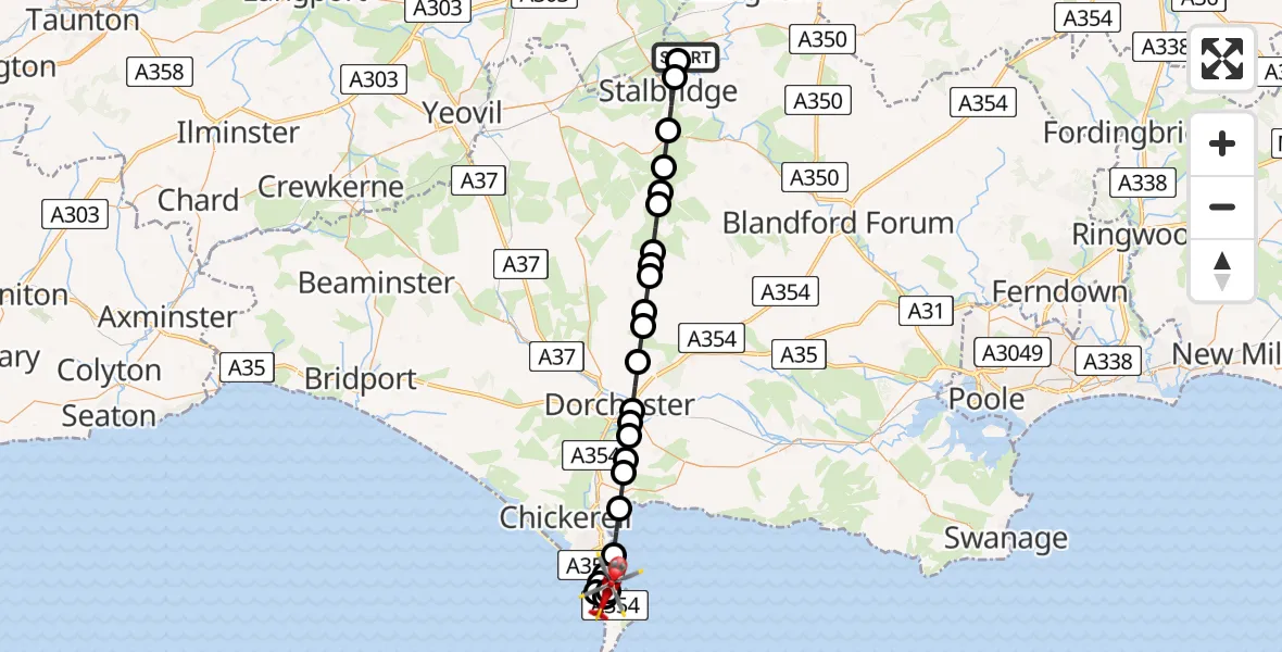 Flight path map showing Air Ambulance Helicopter route from Henstridge Airfield to RNAS Portland Heliport