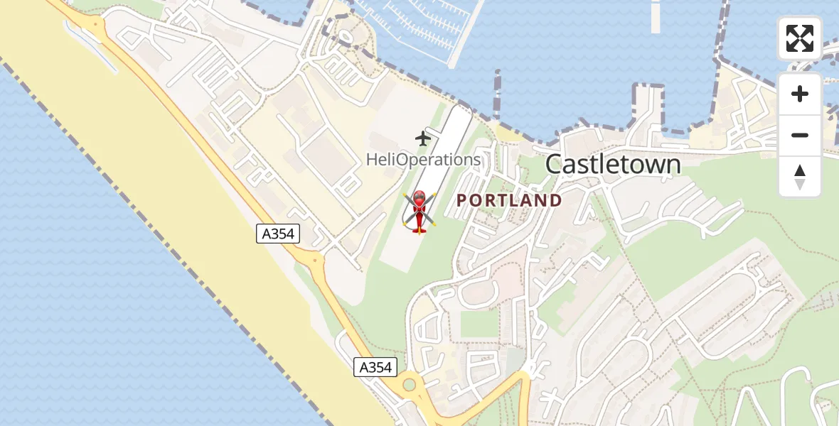 Flight path map showing Air Ambulance Helicopter route from RNAS Portland Heliport to RNAS Portland Heliport