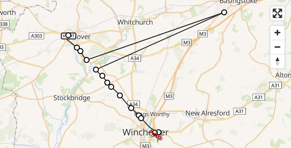 Flight path map showing Air Ambulance Helicopter route from Andover to Winchester