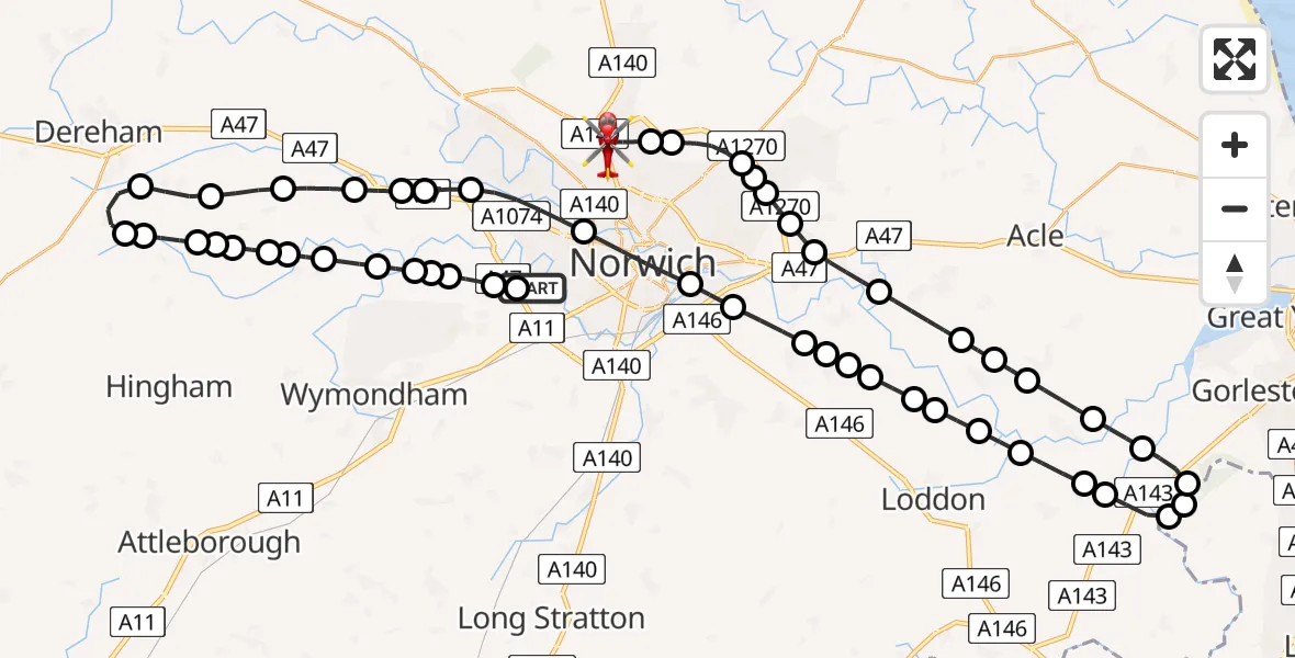 Flight path map showing Air Ambulance Helicopter route from Norfolk & Norwich Hospital to Norwich Airport