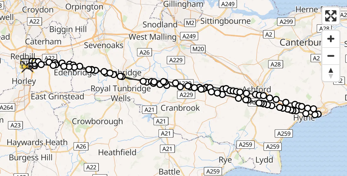 Flight path map showing Police Helicopter route from South Nutfield to Redhill Aerodrome