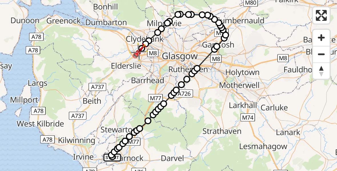 Flight path map showing Air Ambulance Helicopter route from Crosshouse University Hospital to Glasgow Airport