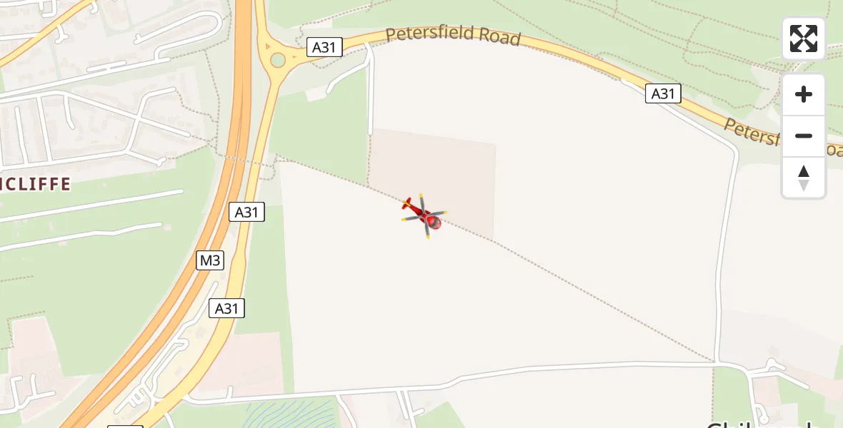 Flight path map showing Air Ambulance Helicopter route from Winchester to Winchester