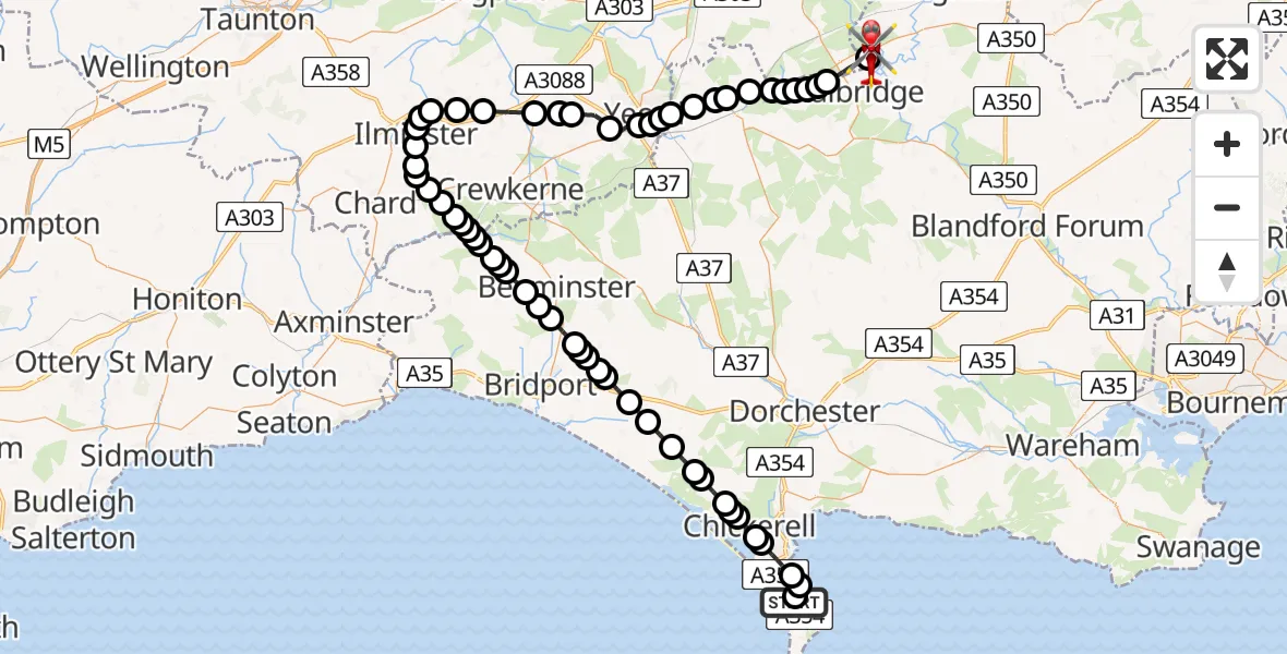 Flight path map showing Air Ambulance Helicopter route from RNAS Portland Heliport to Henstridge Airfield