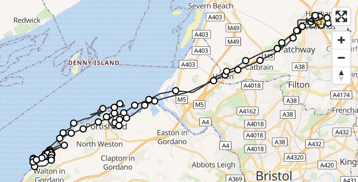 Flight path map showing Police Helicopter route from Almondsbury Helicopter Base to Almondsbury Helicopter Base