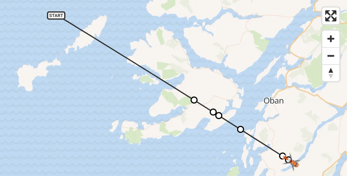 Flight path map showing Coastguard Helicopter route from Inner Seas to Argyll and Bute