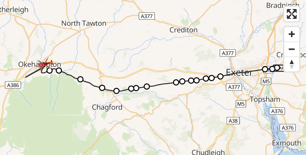 Routekaart van de vlucht: Air Ambulance Helicopter to West Devon, Fatherford Lane