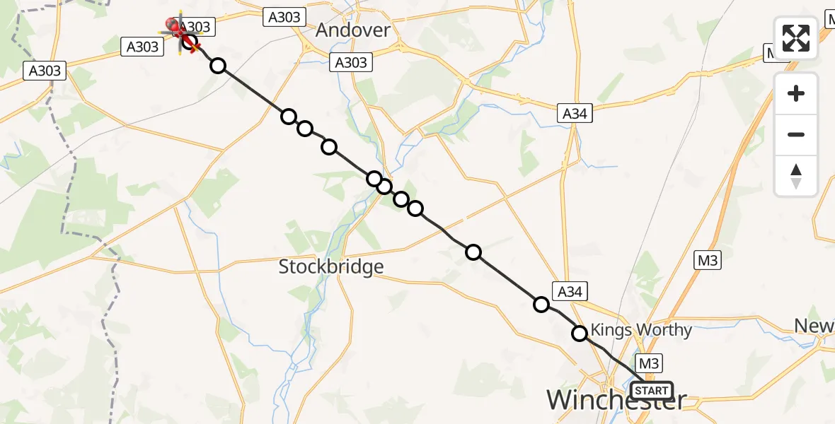 Flight path map showing Air Ambulance Helicopter route from Winchester to Thruxton
