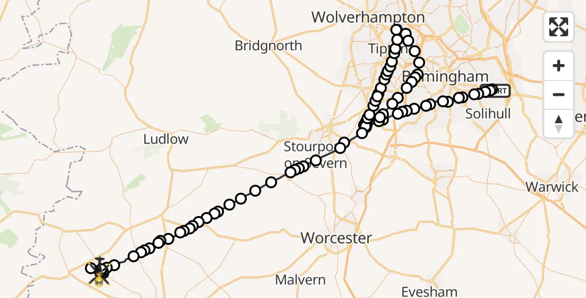 Routekaart van de vlucht: Police Helicopter to Norton Canon, A480