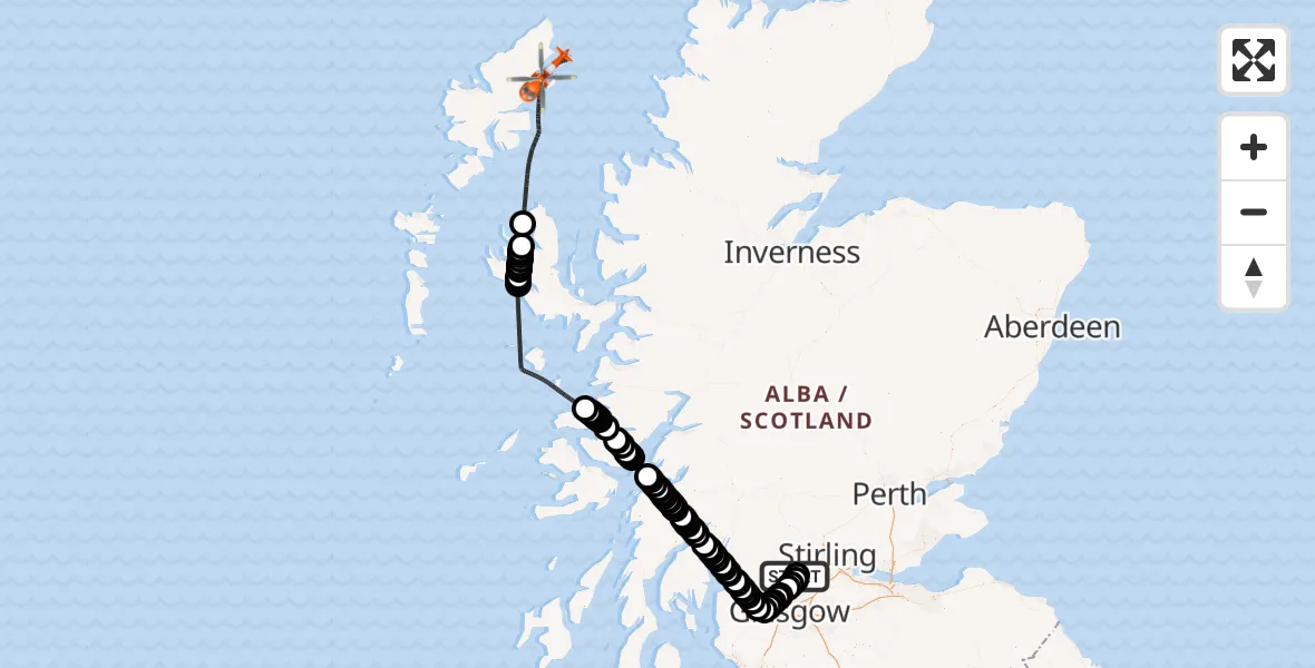 Flight path map showing Coastguard Helicopter route from Fintry to Inner Seas
